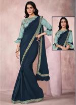 Lycra Navy Blue Wedding Wear Embroidery Work Ready To Wear Saree